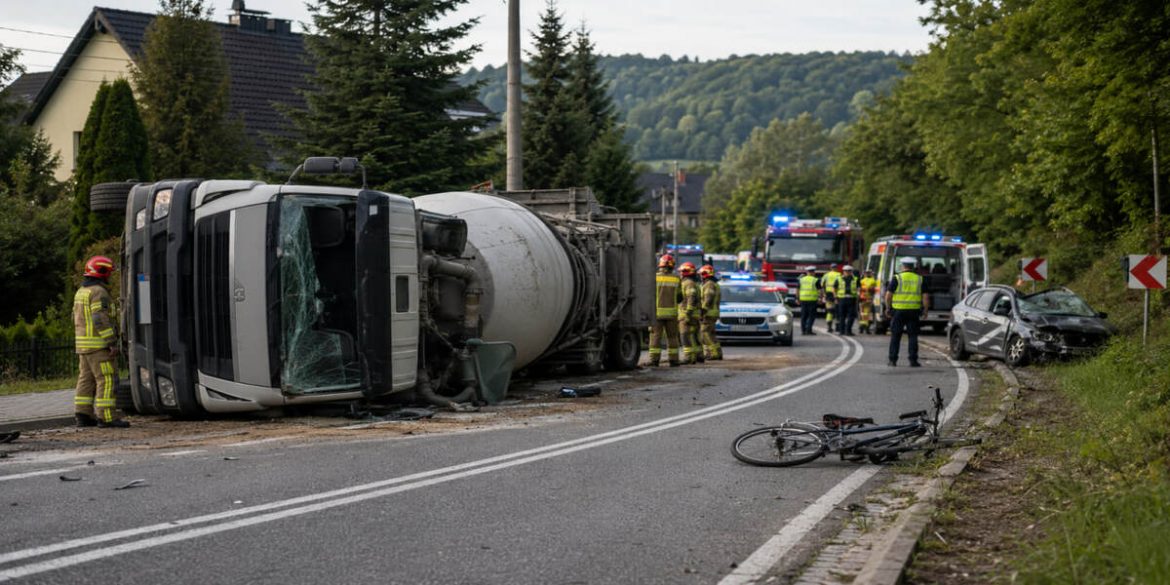 Tragiczny wypadek w Czernichowie na DW948. Nie żyją kierowca ciężarówki i rowerzystka