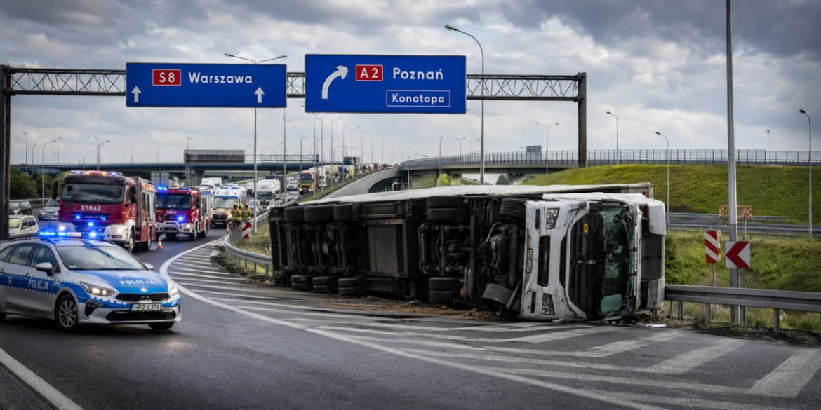 Wypadek ciężarówki na S8 przy węźle Konotopa. Zablokowany zjazd na A2