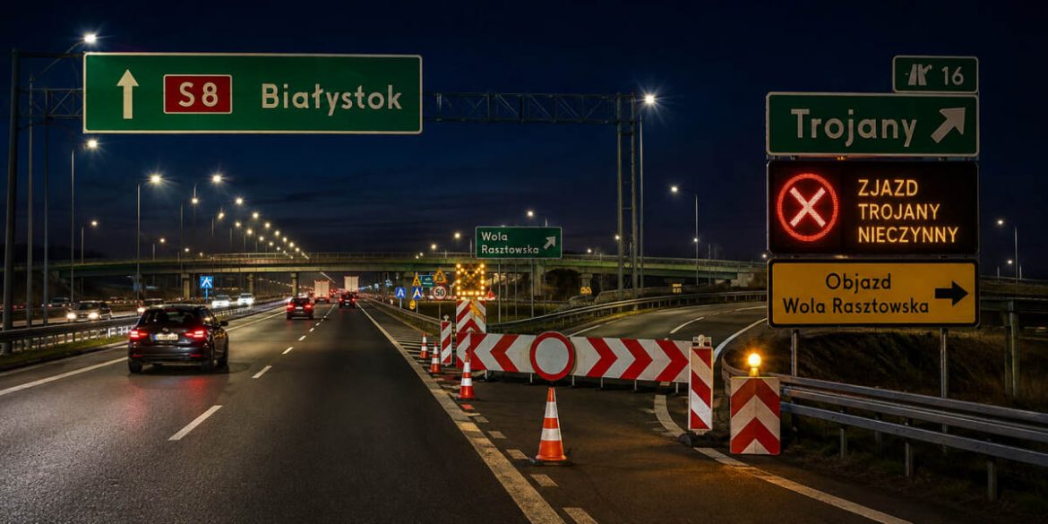 S8: zamknięty zjazd na węźle Trojany w nocy 9/10 sierpnia. Objazd przez Wolę Rasztowską