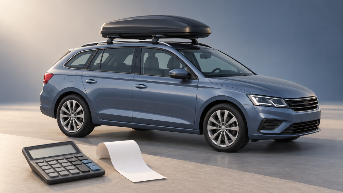 Umowne auto z boxem dachowym, kalkulator i pusty paragon — ilustracja AI
