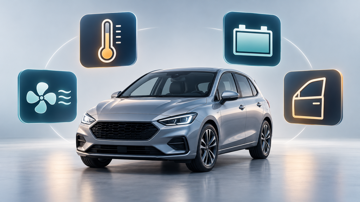 Umowne auto i symbole temperatury, akumulatora, wentylacji oraz drzwi — ilustracja AI
